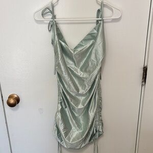 Satin Ruched Mini Dress in Light Green